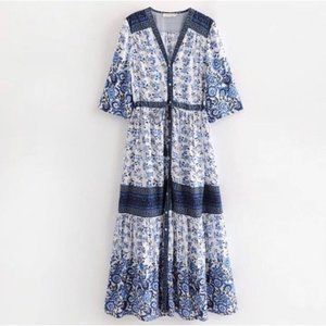 FP To Love Bohemian Gypsy Beach Summer Floral V-neck kimono Maxi Dress Sz S